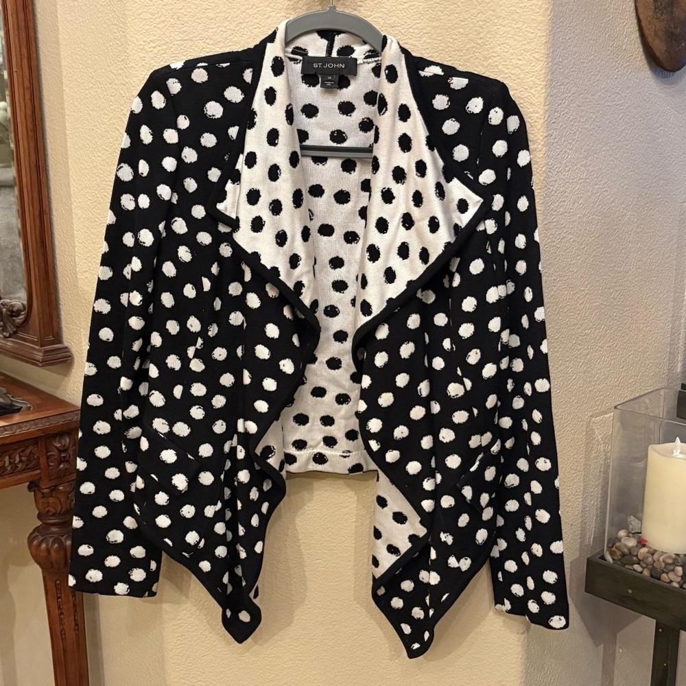 St. John Women Black & White Polka Dot Cascade Drape Knit Cardigan Size 10